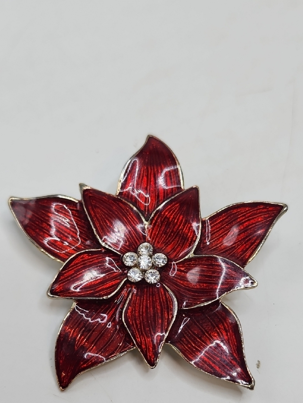 Vintage Premier Design Red Poinsettia Flower Brooch with Rhinestone Center